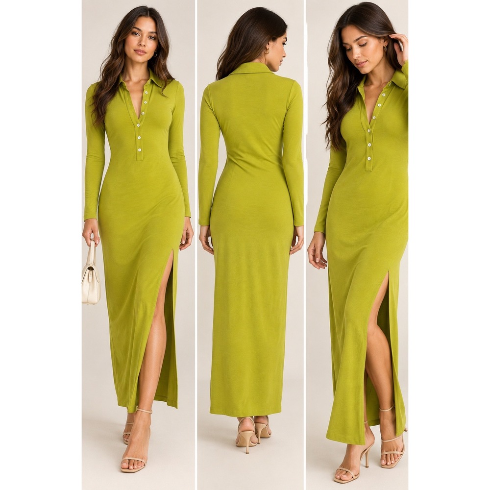 Revolve Song of Style Maxi Dress Size S Chartreuse 70s Retro Long Sleeve
